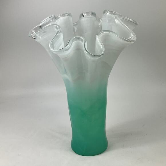 Murano Art Glass Vase Encased Green White Swirl Ruffled Rim 16" Italian Blown - Picture 2 of 16
